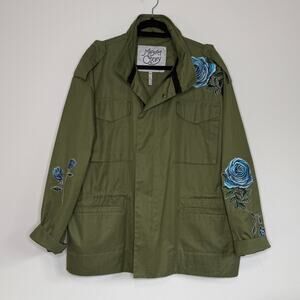 Military Style Statement Coat Embroidered Floral Utility Jacket Olive Green